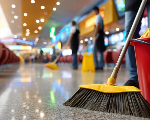 Professional cleaner maintaining a busy public space interior