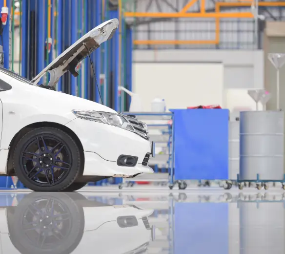 Polishing the showroom floor to a glossy shine beside displayed cars