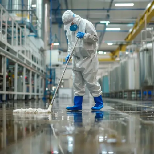 Worker deep cleaning a warehouse floor between production runs