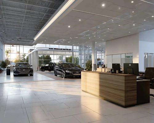 Immaculate showroom interior with gleaming floors welcoming dealership customers