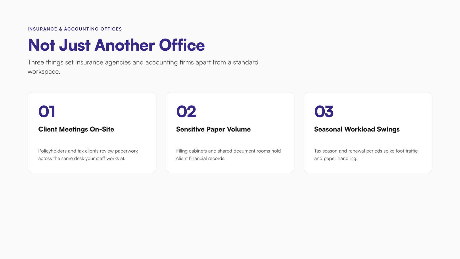 Three reasons insurance and accounting offices need specialized cleaning: client meetings on-site, sensitive paper volume, seasonal workload swings
