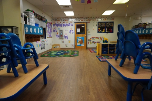 Freshly cleaned kindergarten room with sanitized surfaces and clear floors