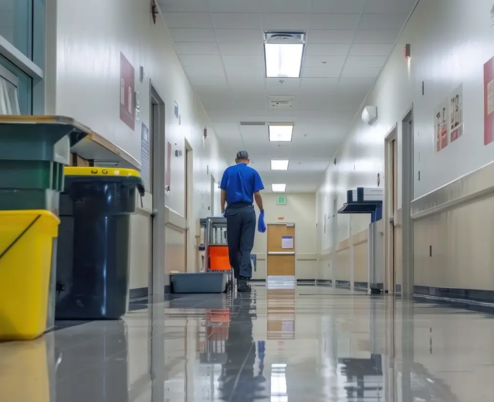 Empty school corridor in Berks County during summer deep cleaning with floor refinishing equipment in place